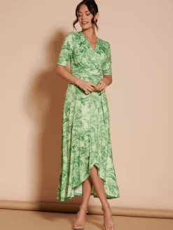 Jolie Moi Occasion Dresses|Floral Dresses-Ruffle Hem Jersey Maxi Dress, Green Leafy