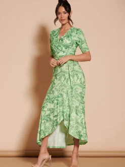 Jolie Moi Occasion Dresses|Floral Dresses-Ruffle Hem Jersey Maxi Dress, Green Leafy