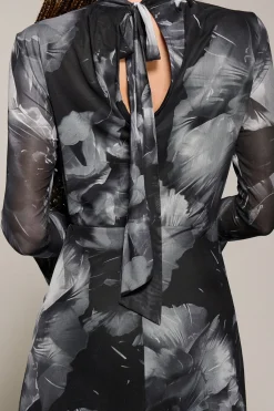 Jolie Moi Occasion Dresses|Mesh Dresses-Ruffle Long Sleeve Mesh Maxi Dress, Black Abstract