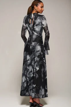 Jolie Moi Occasion Dresses|Mesh Dresses-Ruffle Long Sleeve Mesh Maxi Dress, Black Abstract