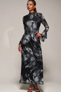 Jolie Moi Occasion Dresses|Mesh Dresses-Ruffle Long Sleeve Mesh Maxi Dress, Black Abstract