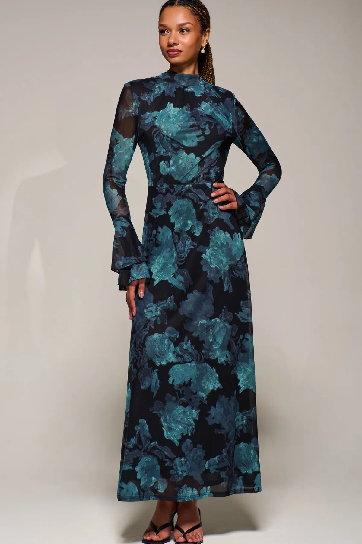 Jolie Moi Occasion Dresses|Floral Dresses-Ruffle Long Sleeve Mesh Maxi Dress, Blue Abstract