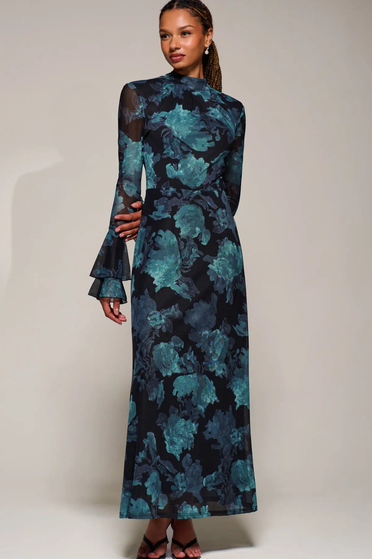 Jolie Moi Occasion Dresses|Floral Dresses-Ruffle Long Sleeve Mesh Maxi Dress, Blue Abstract