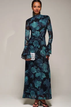 Jolie Moi Occasion Dresses|Floral Dresses-Ruffle Long Sleeve Mesh Maxi Dress, Blue Abstract