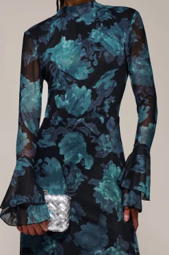 Jolie Moi Occasion Dresses|Floral Dresses-Ruffle Long Sleeve Mesh Maxi Dress, Blue Abstract