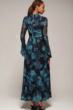 Jolie Moi Occasion Dresses|Floral Dresses-Ruffle Long Sleeve Mesh Maxi Dress, Blue Abstract