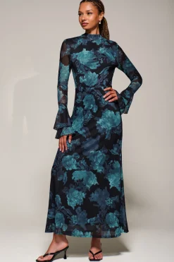 Jolie Moi Occasion Dresses|Floral Dresses-Ruffle Long Sleeve Mesh Maxi Dress, Blue Abstract