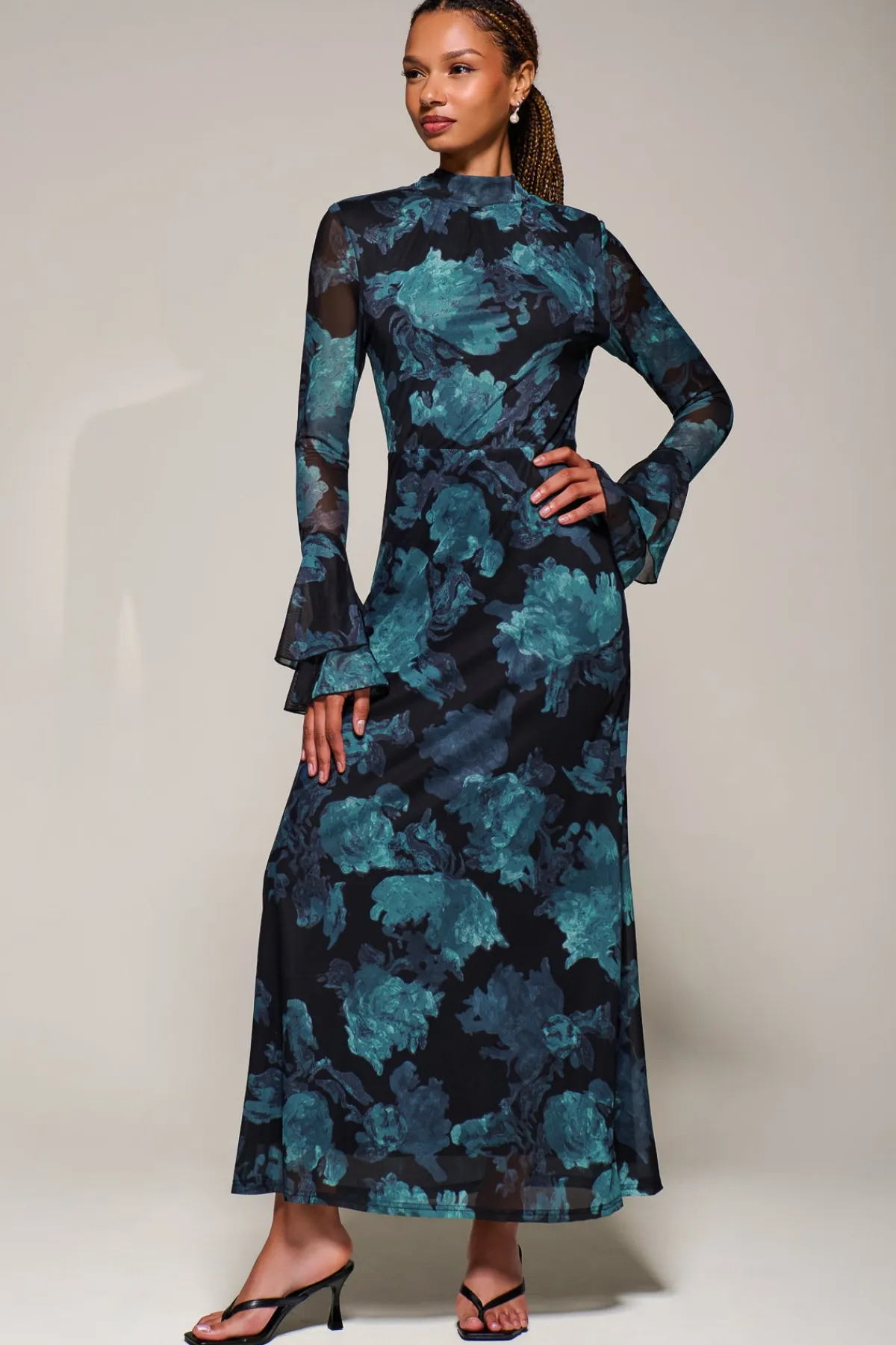 Jolie Moi Occasion Dresses|Floral Dresses-Ruffle Long Sleeve Mesh Maxi Dress, Blue Abstract