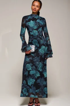 Jolie Moi Occasion Dresses|Floral Dresses-Ruffle Long Sleeve Mesh Maxi Dress, Blue Abstract