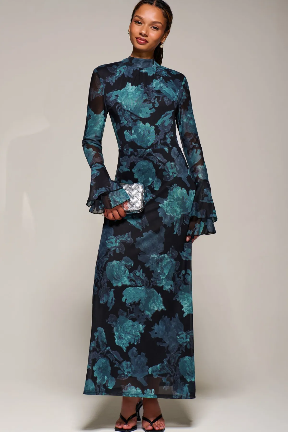 Jolie Moi Occasion Dresses|Floral Dresses-Ruffle Long Sleeve Mesh Maxi Dress, Blue Abstract