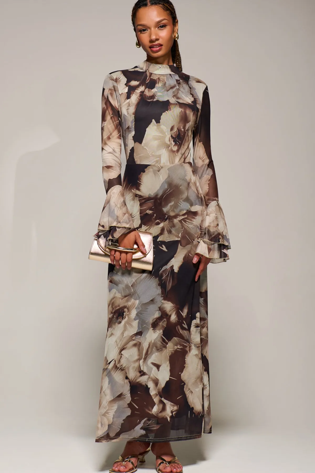 Jolie Moi Occasion Dresses|Floral Dresses-Ruffle Long Sleeve Mesh Maxi Dress, Brown Abstract