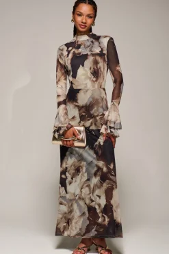 Jolie Moi Occasion Dresses|Floral Dresses-Ruffle Long Sleeve Mesh Maxi Dress, Brown Abstract
