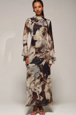 Jolie Moi Occasion Dresses|Floral Dresses-Ruffle Long Sleeve Mesh Maxi Dress, Brown Abstract