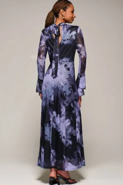 Jolie Moi Occasion Dresses|Mesh Dresses-Ruffle Long Sleeve Mesh Maxi Dress, Purple Abstract