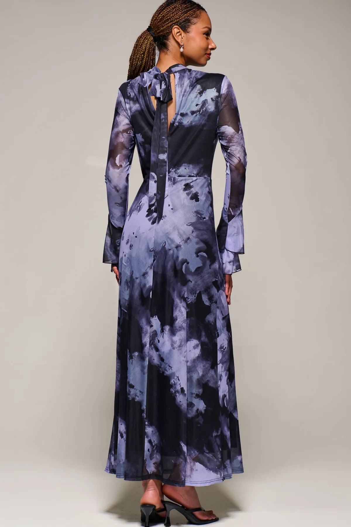 Jolie Moi Occasion Dresses|Mesh Dresses-Ruffle Long Sleeve Mesh Maxi Dress, Purple Abstract