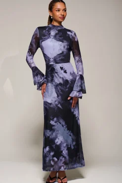 Jolie Moi Occasion Dresses|Mesh Dresses-Ruffle Long Sleeve Mesh Maxi Dress, Purple Abstract