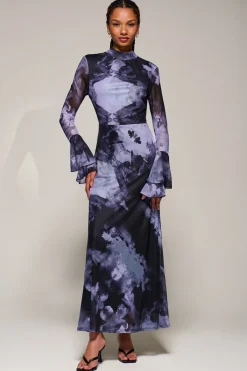Jolie Moi Occasion Dresses|Mesh Dresses-Ruffle Long Sleeve Mesh Maxi Dress, Purple Abstract