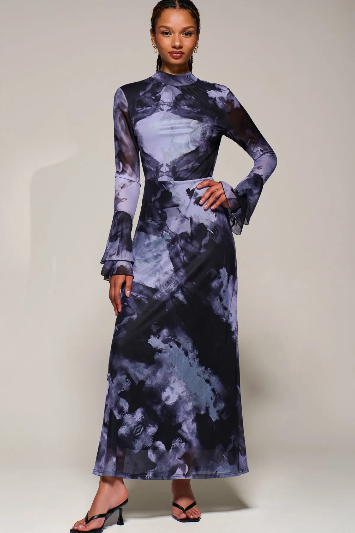 Jolie Moi Occasion Dresses|Mesh Dresses-Ruffle Long Sleeve Mesh Maxi Dress, Purple Abstract