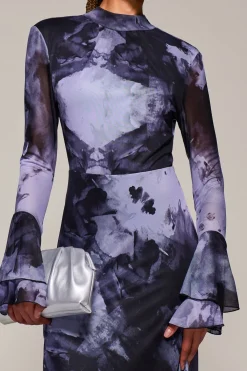 Jolie Moi Occasion Dresses|Mesh Dresses-Ruffle Long Sleeve Mesh Maxi Dress, Purple Abstract