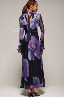 Jolie Moi Occasion Dresses|Floral Dresses-Ruffle Long Sleeve Mesh Maxi Dress, Purple Floral