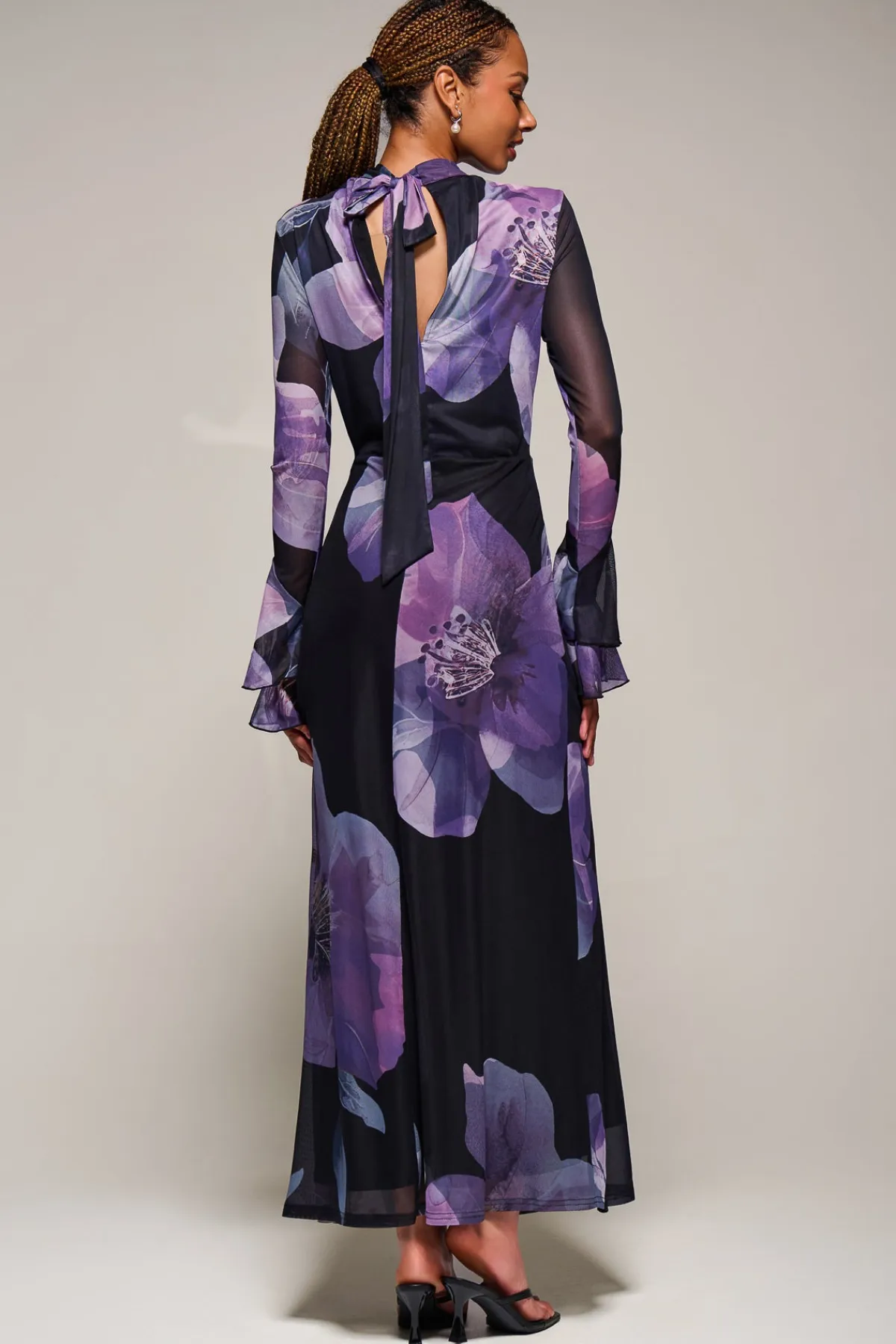 Jolie Moi Occasion Dresses|Floral Dresses-Ruffle Long Sleeve Mesh Maxi Dress, Purple Floral