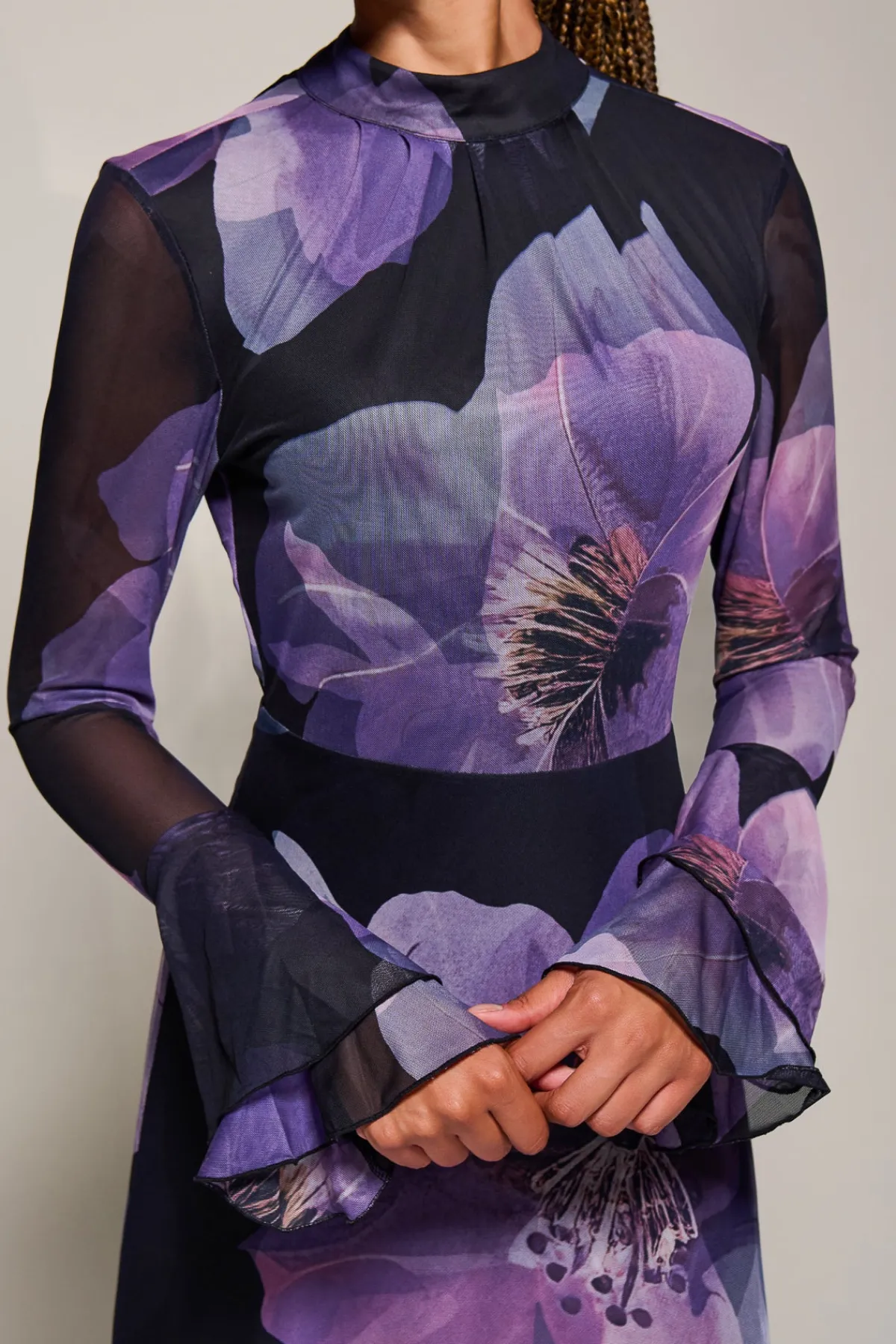 Jolie Moi Occasion Dresses|Floral Dresses-Ruffle Long Sleeve Mesh Maxi Dress, Purple Floral