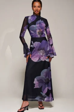 Jolie Moi Occasion Dresses|Floral Dresses-Ruffle Long Sleeve Mesh Maxi Dress, Purple Floral