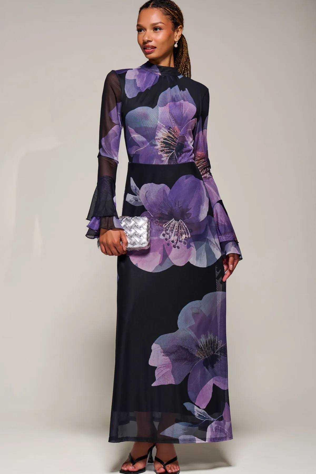 Jolie Moi Occasion Dresses|Floral Dresses-Ruffle Long Sleeve Mesh Maxi Dress, Purple Floral