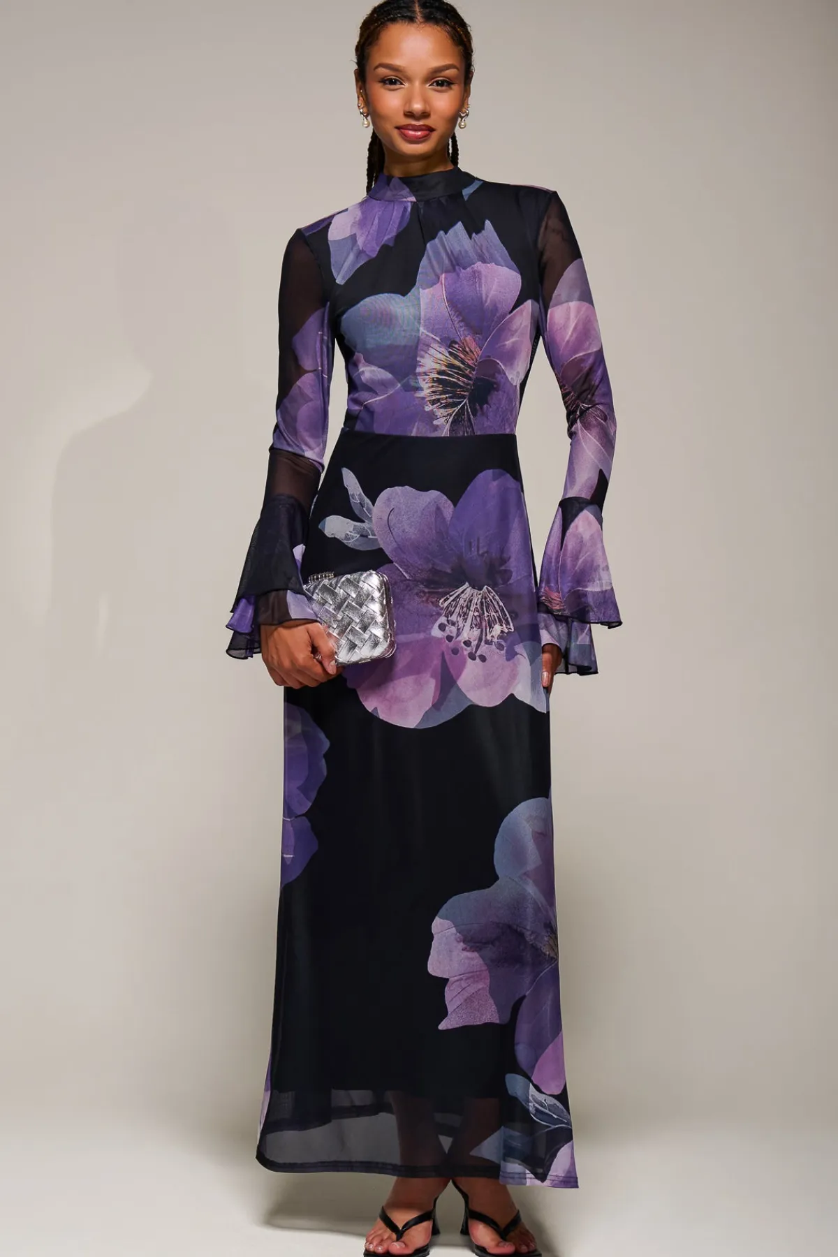 Jolie Moi Occasion Dresses|Floral Dresses-Ruffle Long Sleeve Mesh Maxi Dress, Purple Floral