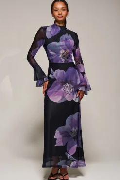 Jolie Moi Occasion Dresses|Floral Dresses-Ruffle Long Sleeve Mesh Maxi Dress, Purple Floral