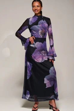 Jolie Moi Occasion Dresses|Floral Dresses-Ruffle Long Sleeve Mesh Maxi Dress, Purple Floral