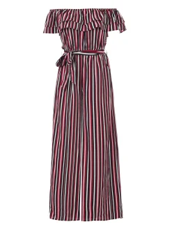 Jolie Moi Jumpsuits-Ruffle Off Shoulder Jumpsuit, Red Stripe