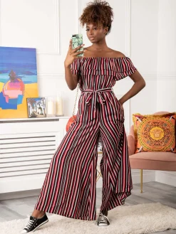 Jolie Moi Jumpsuits-Ruffle Off Shoulder Jumpsuit, Red Stripe