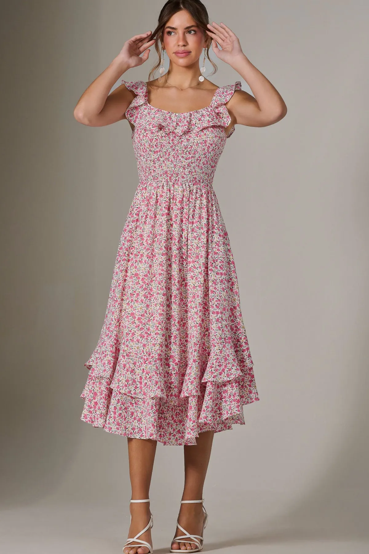 Jolie Moi Occasion Dresses|Floral Dresses-Ruffle Shirred Woven Midi Dress, Pink Floral