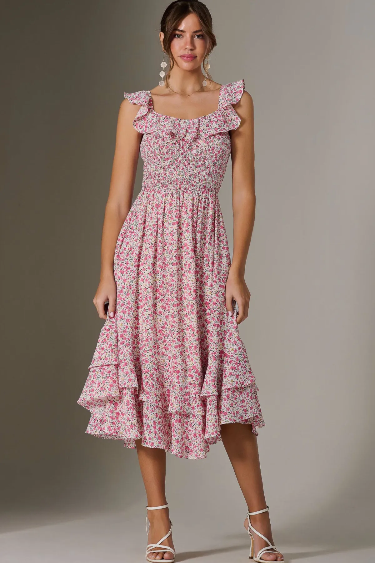 Jolie Moi Occasion Dresses|Floral Dresses-Ruffle Shirred Woven Midi Dress, Pink Floral