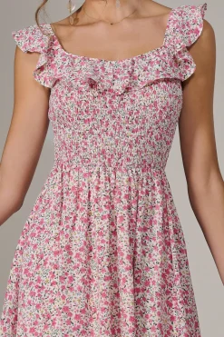 Jolie Moi Occasion Dresses|Floral Dresses-Ruffle Shirred Woven Midi Dress, Pink Floral