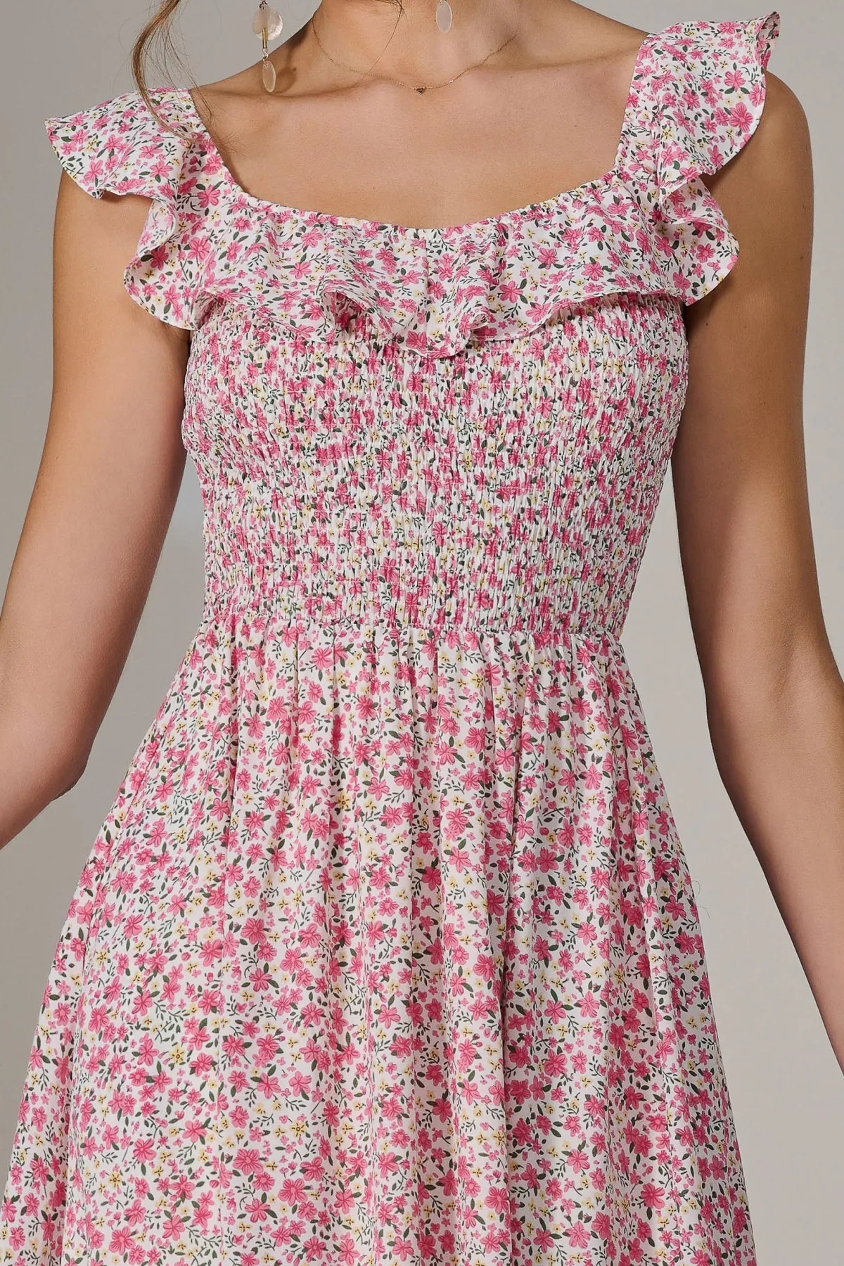 Jolie Moi Occasion Dresses|Floral Dresses-Ruffle Shirred Woven Midi Dress, Pink Floral