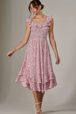 Jolie Moi Occasion Dresses|Floral Dresses-Ruffle Shirred Woven Midi Dress, Pink Floral