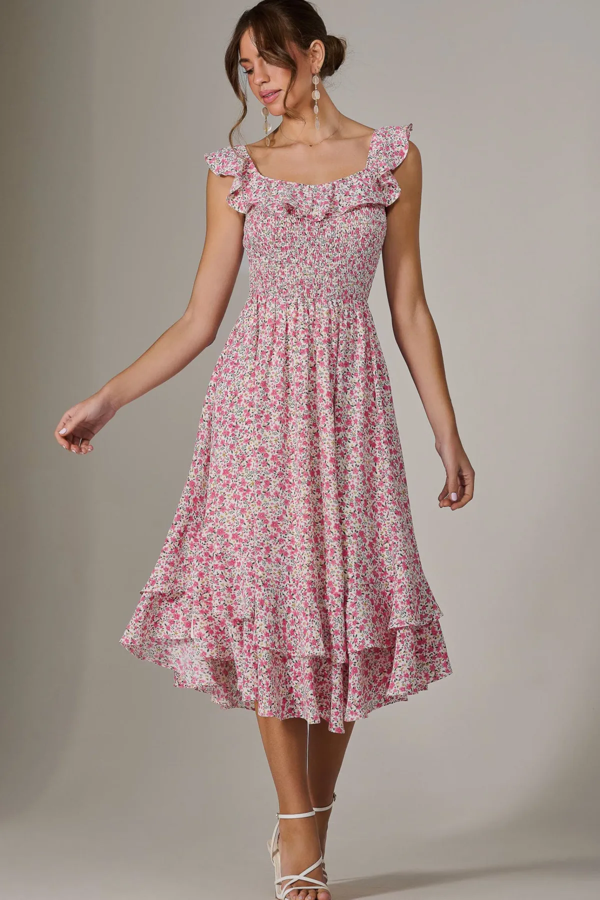 Jolie Moi Occasion Dresses|Floral Dresses-Ruffle Shirred Woven Midi Dress, Pink Floral