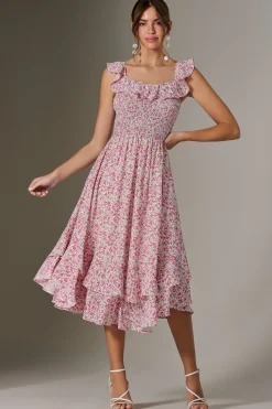 Jolie Moi Occasion Dresses|Floral Dresses-Ruffle Shirred Woven Midi Dress, Pink Floral