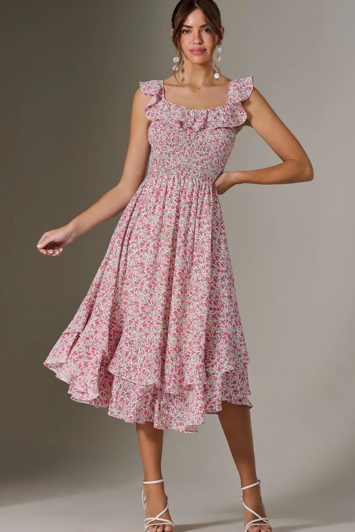 Jolie Moi Occasion Dresses|Floral Dresses-Ruffle Shirred Woven Midi Dress, Pink Floral