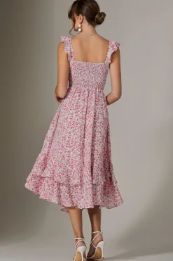 Jolie Moi Occasion Dresses|Floral Dresses-Ruffle Shirred Woven Midi Dress, Pink Floral
