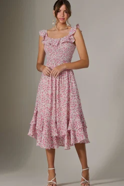 Jolie Moi Occasion Dresses|Floral Dresses-Ruffle Shirred Woven Midi Dress, Pink Floral