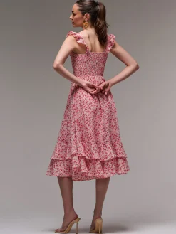 Jolie Moi Floral Dresses|Midi Dresses-Ruffle Shirred Woven Midi Dress, Red Floral