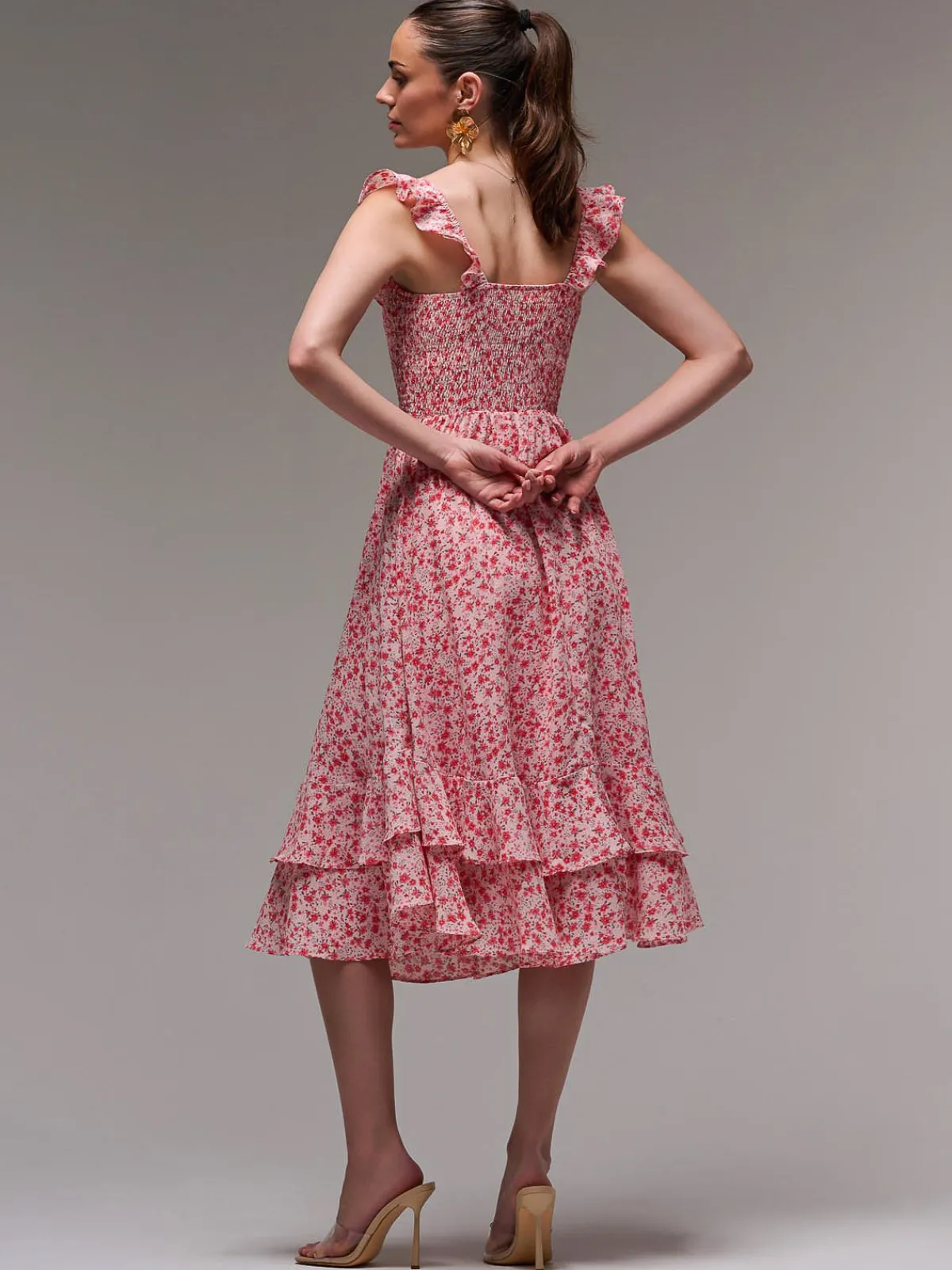 Jolie Moi Floral Dresses|Midi Dresses-Ruffle Shirred Woven Midi Dress, Red Floral