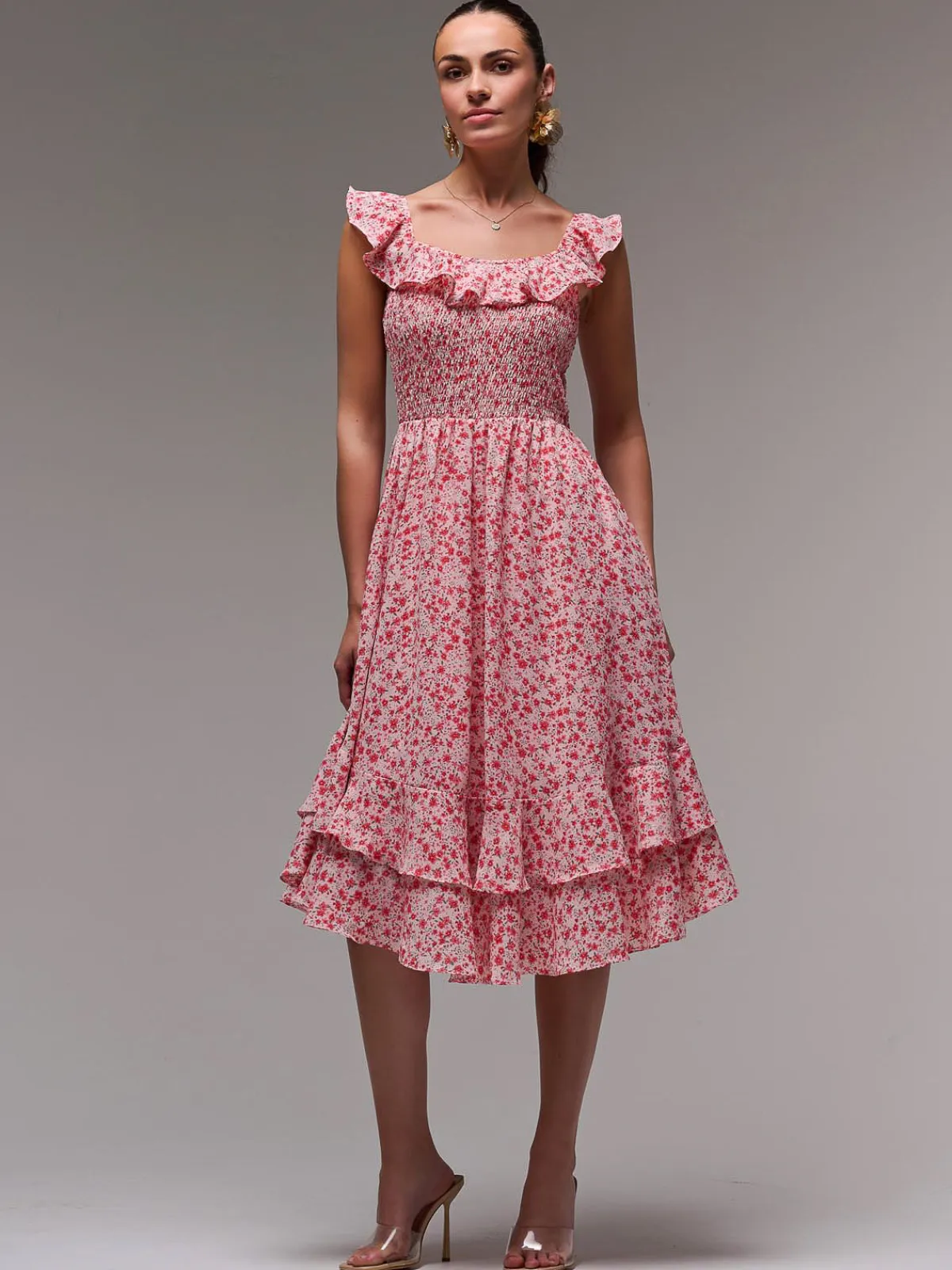 Jolie Moi Floral Dresses|Midi Dresses-Ruffle Shirred Woven Midi Dress, Red Floral
