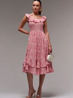 Jolie Moi Floral Dresses|Midi Dresses-Ruffle Shirred Woven Midi Dress, Red Floral
