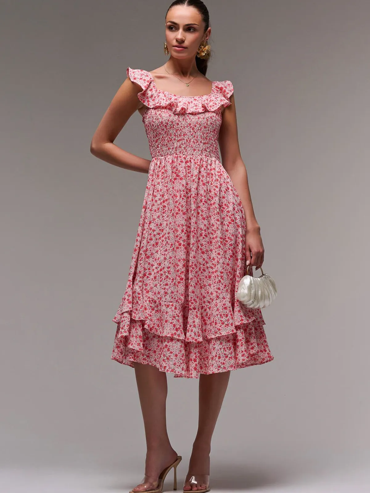 Jolie Moi Floral Dresses|Midi Dresses-Ruffle Shirred Woven Midi Dress, Red Floral