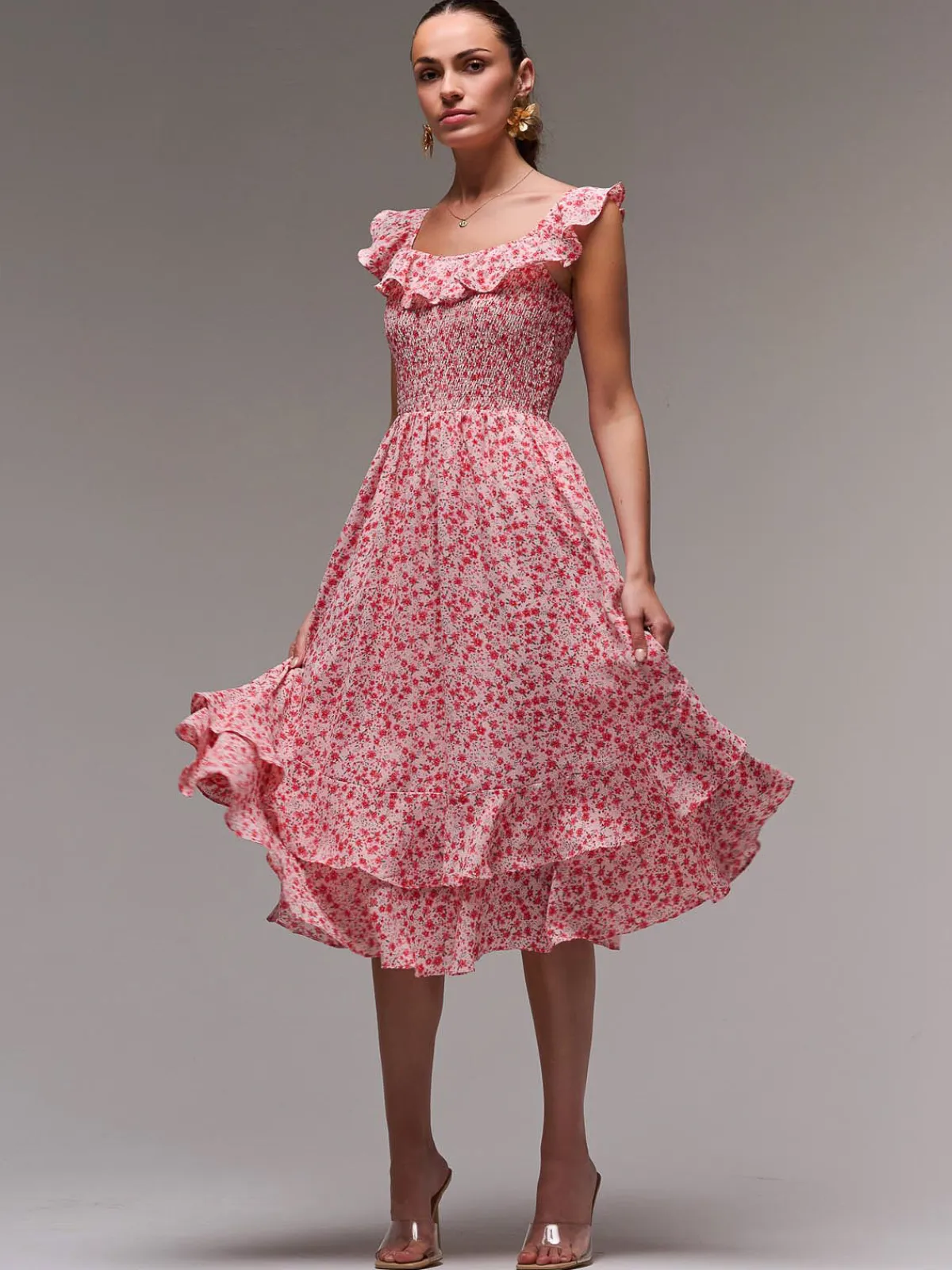 Jolie Moi Floral Dresses|Midi Dresses-Ruffle Shirred Woven Midi Dress, Red Floral