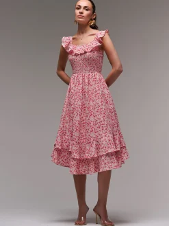 Jolie Moi Floral Dresses|Midi Dresses-Ruffle Shirred Woven Midi Dress, Red Floral